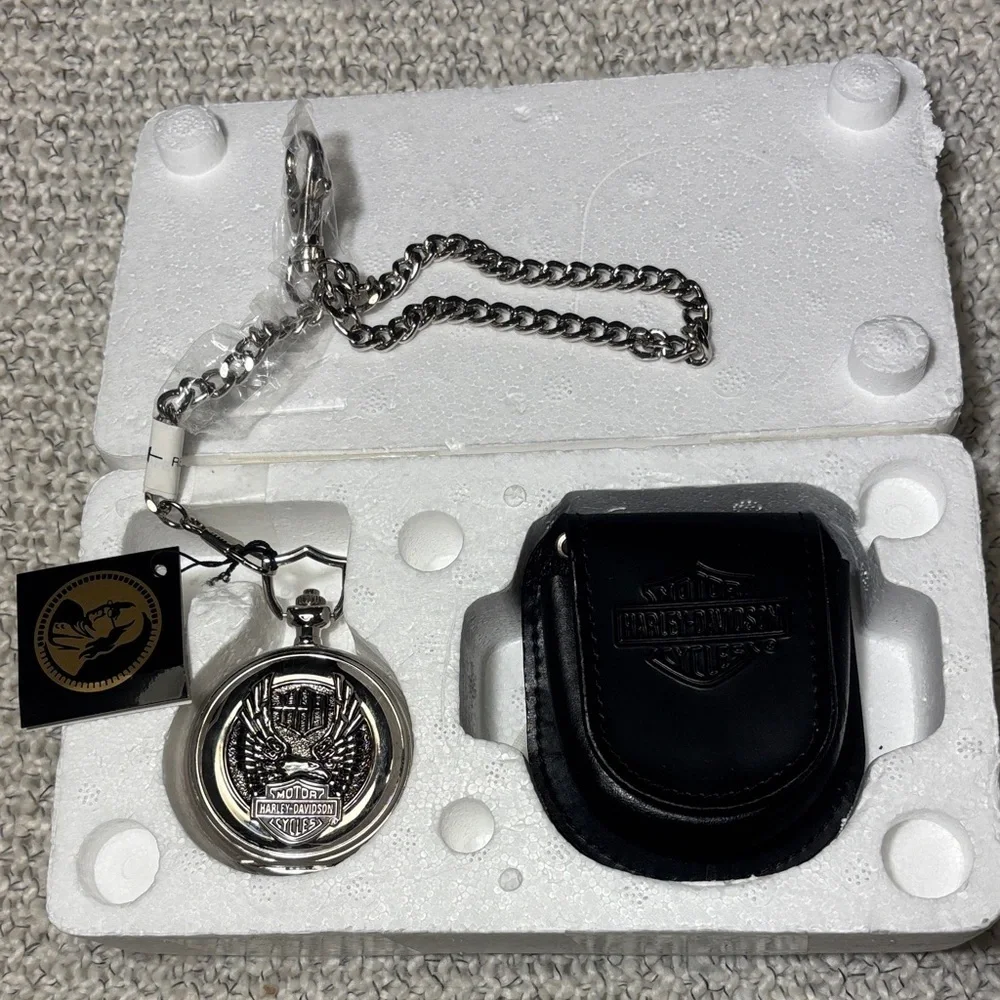 Harley Davidson Pocket Watch - Franklin Mint With Leather Case And Chain
